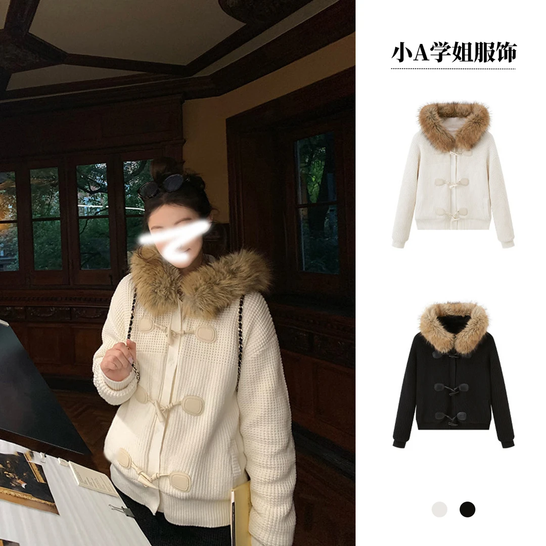 '巴黎时报'欧阳娜娜同款牛角扣连帽咩咩毛外套女冬季韩版保暖