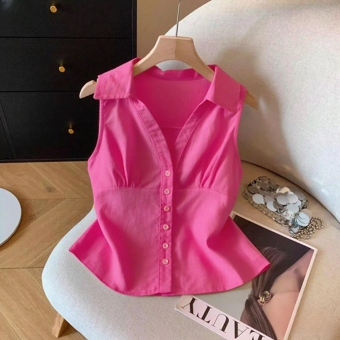 法式高级感树莓粉单排扣polo领衬衫背心2025夏季新款气质百搭上衣