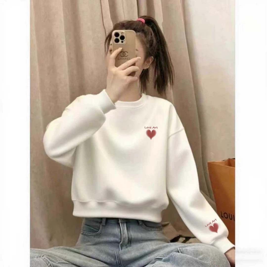 韩式休闲圆领短款百搭白色卫衣女2025秋冬新款宽松长袖小个子上衣