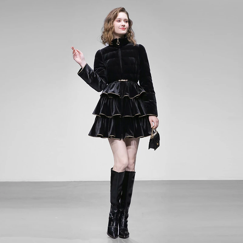 冬季时尚优雅设计感高领长袖收腰显瘦多层荷叶丝绒羽绒服GC36071