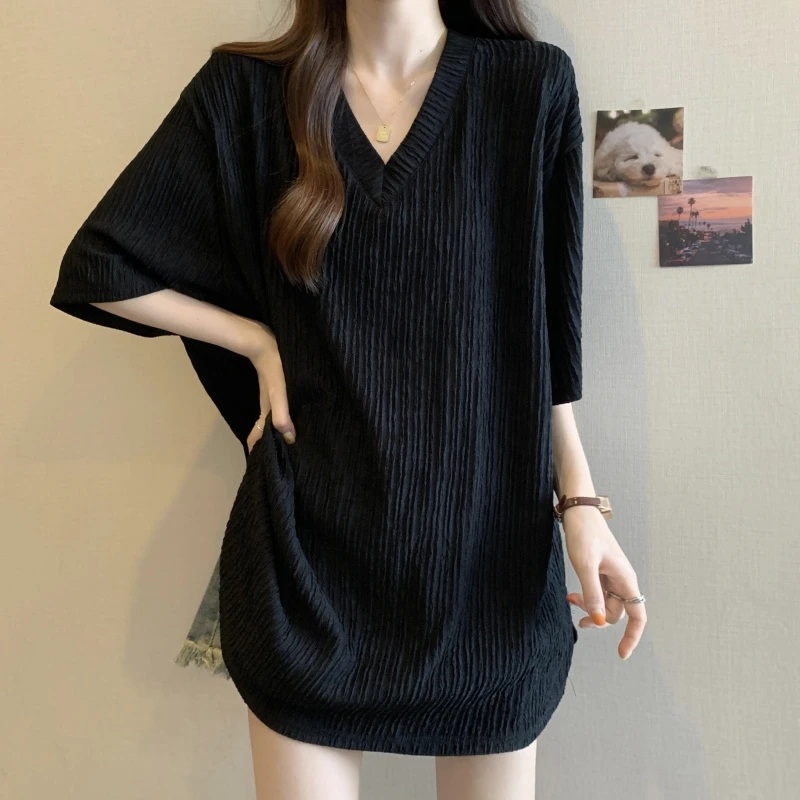 黑色v领正肩短袖T恤女夏季新款大码胖mm中长款宽松显瘦遮屁股上衣