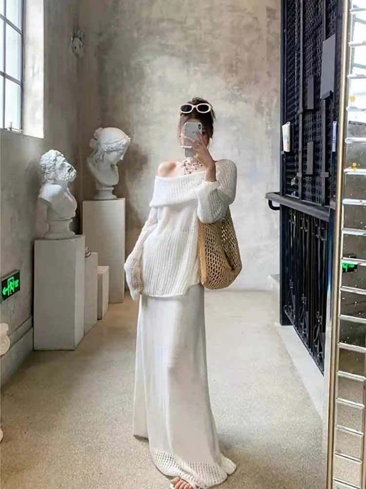 韩系宽松毛衣一字露肩镂空慵懒风松弛感上衣+针织长裙两件套装女
