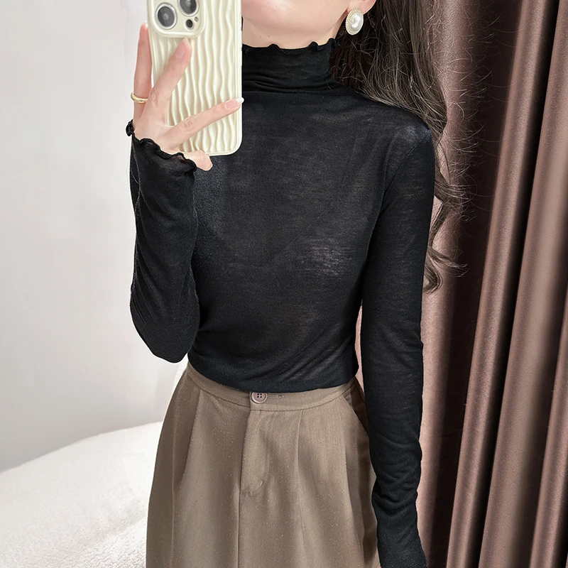 黑色高领薄透修身针织上衣秋季新款木耳边高级感长袖小衫薄款内搭