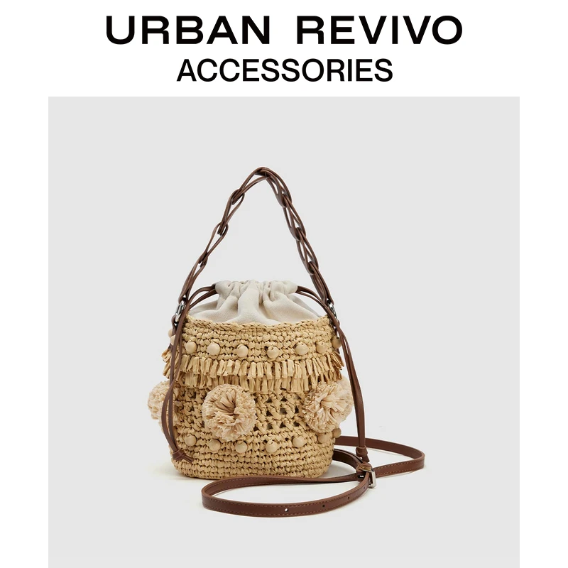 URBAN REVIVO2025夏季新款女波嬉风草编手提斜挎包UAYB50065