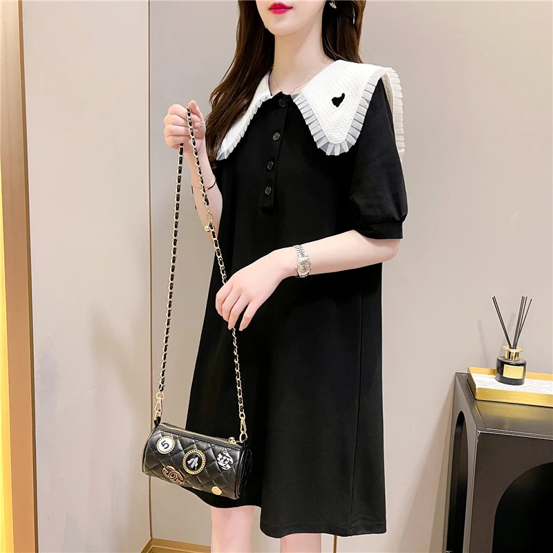 时髦孕妇夏装新款时尚孕妇装辣妈娃娃领学院风短袖显瘦洋气连衣裙