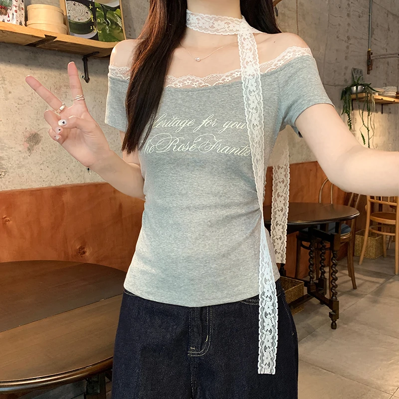 1*1螺纹210克短袖T恤夏2025新款短款飘带露肩一字领上衣女装蕾丝