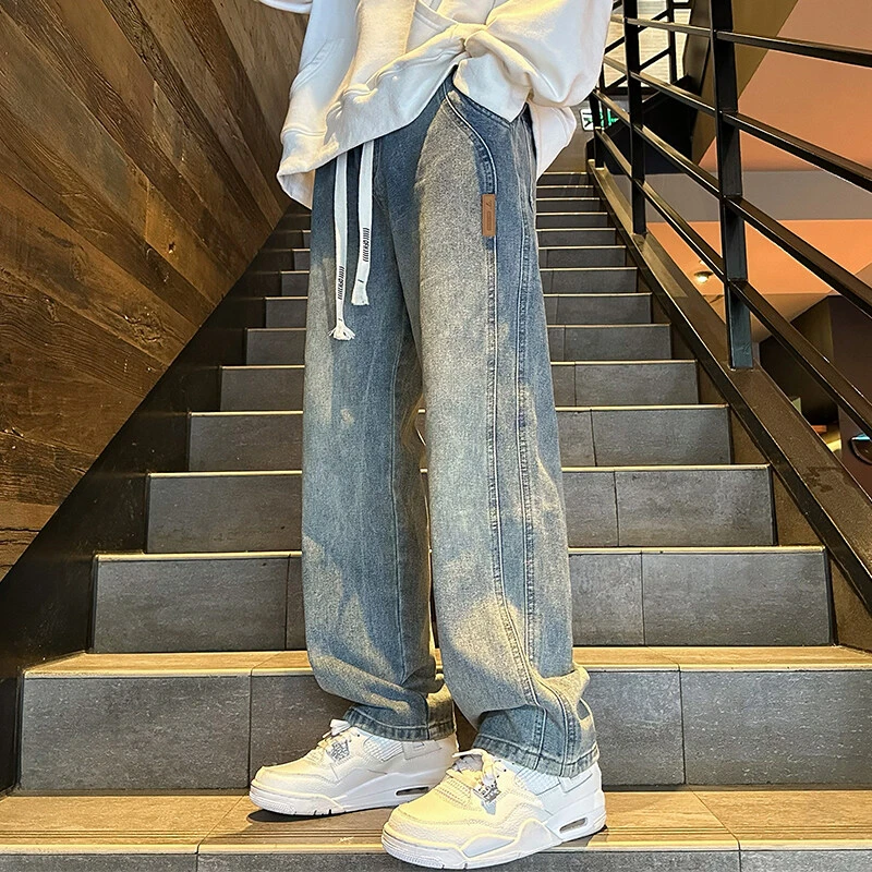 隐匿者休闲牛仔裤子男2025秋季港风宽松潮流贴标拼接阔腿直筒长裤