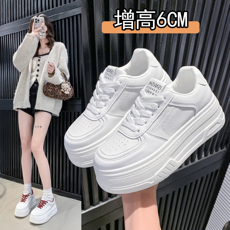 2025透气增高小白鞋常规款系带皮面鞋春夏高跟时尚休闲鞋纯色深口