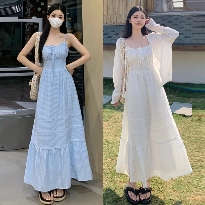 小众质量好吊带连衣裙气质格子长裙女夏季开衫薄款防晒外套两件套