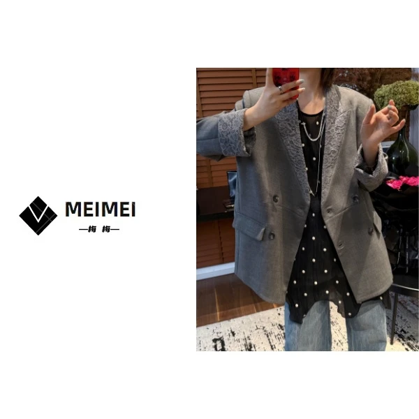 XMM【蕾丝领西装】时尚百搭西装蕾丝气质休闲西服复古宽松设计K6756