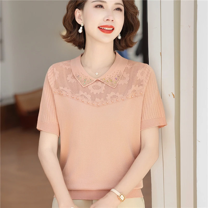 母亲节妈妈夏装新款翻领冰丝短袖上衣中老年女夏薄款T恤时尚小衫