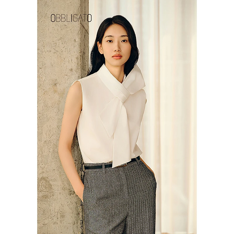 OBBLIGATO奥丽嘉朵2025夏季1C35230070新品蝴蝶结无袖斜纹棉衬衫
