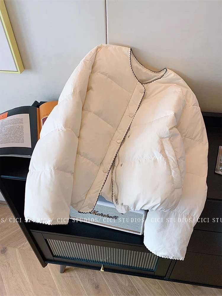 韩系撞色钩边圆领面包棉服女冬2024新款休闲简约保暖百搭短外套潮