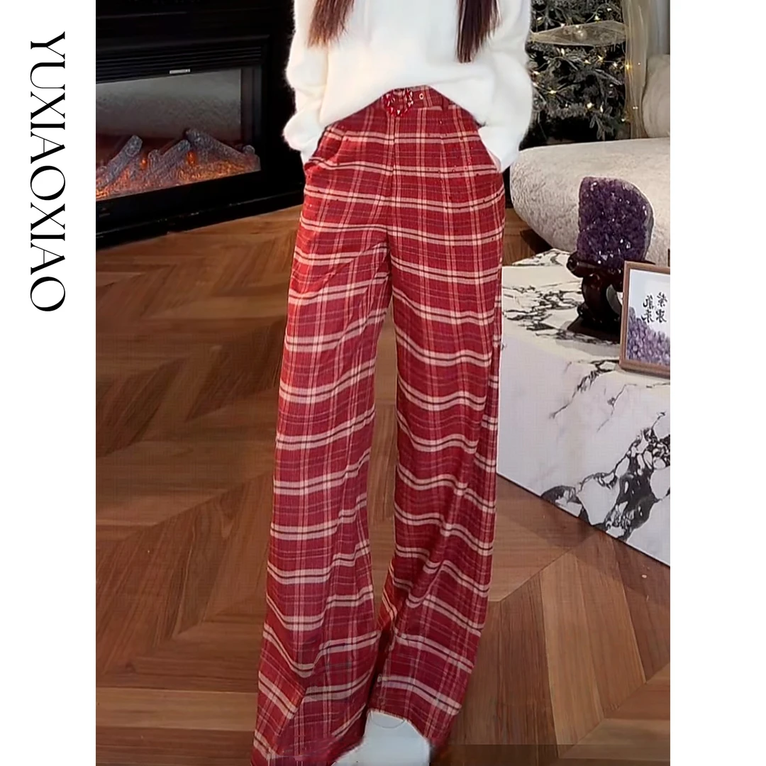 余潇潇【圣诞格调】时尚舒适垂顺烫钻格纹高腰宽松阔腿休闲裤配腰带