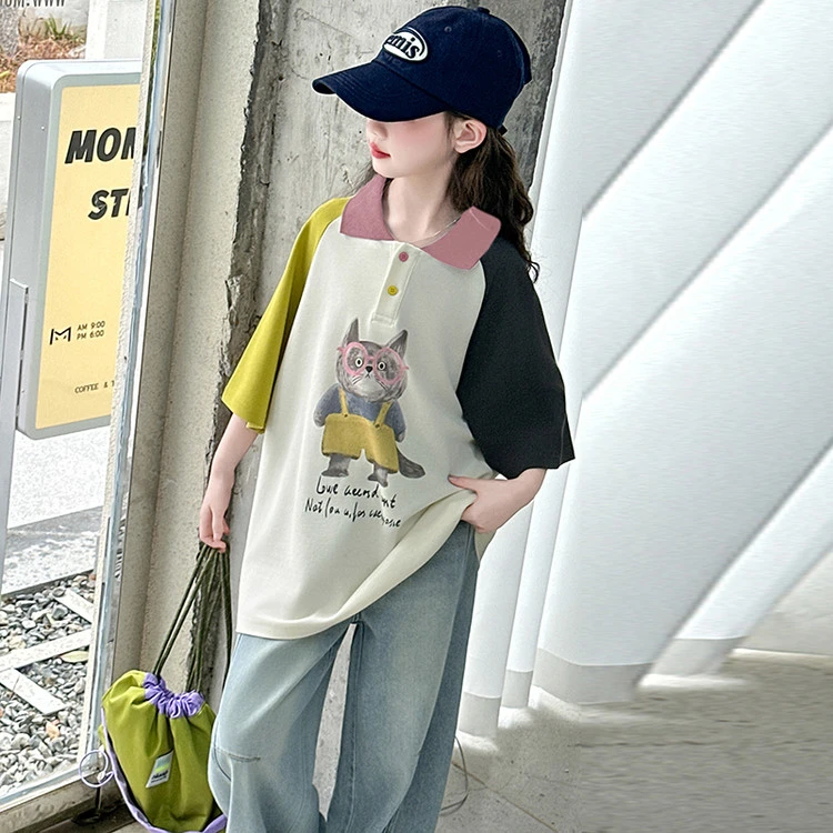 女童短袖T恤2025新款夏装洋气8女大童夏季半袖上衣牛仔阔腿裤套装