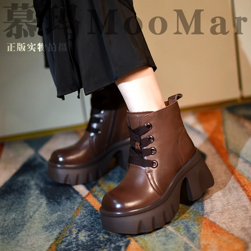 【慕玛】加绒头层牛皮粗跟高跟厚底真皮短靴女复古手工马丁靴5396