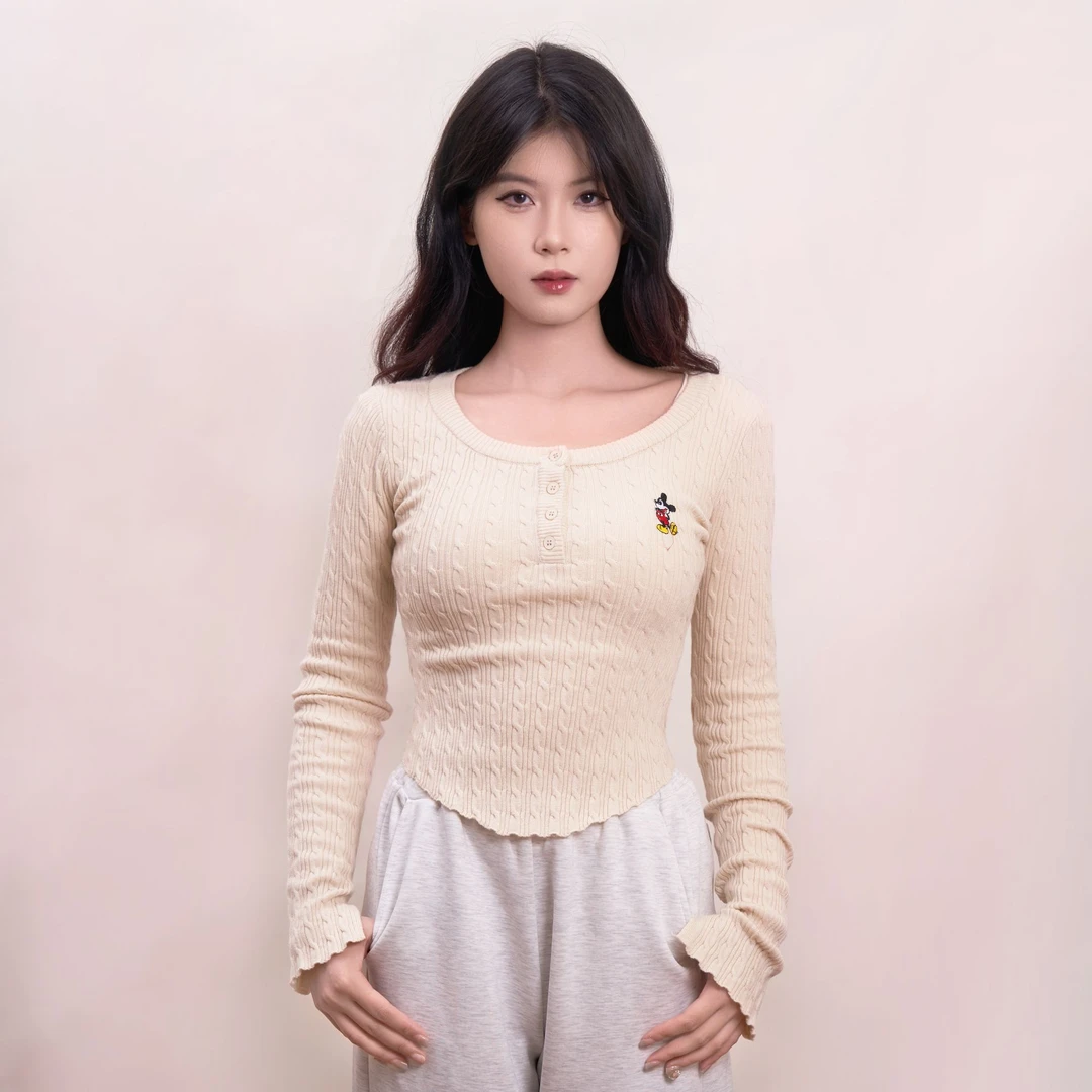 小米奇麻花刺绣甜美纯欲打底毛衣