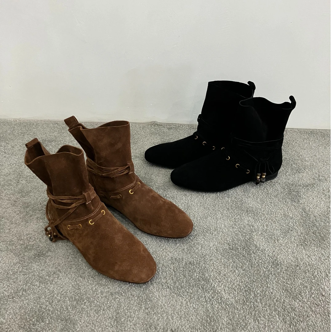 法式复古风串珠绑带圆头低跟女新款气质瓢鞋女款2025新款爆款筒靴