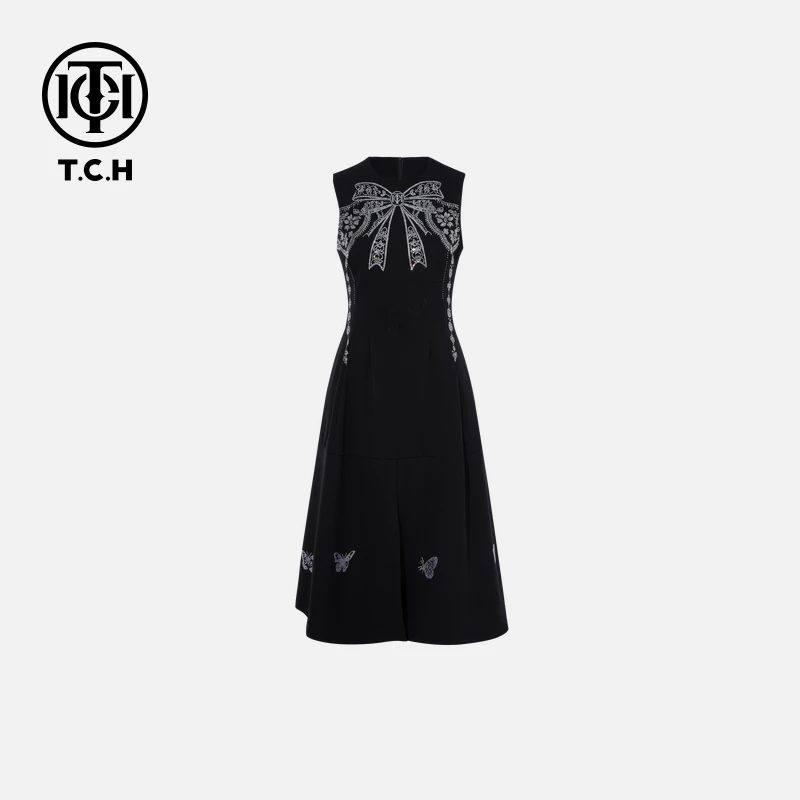 TCH轻奢烫钻工艺气质复古圆领连衣裙女T75A30E1016私服tch