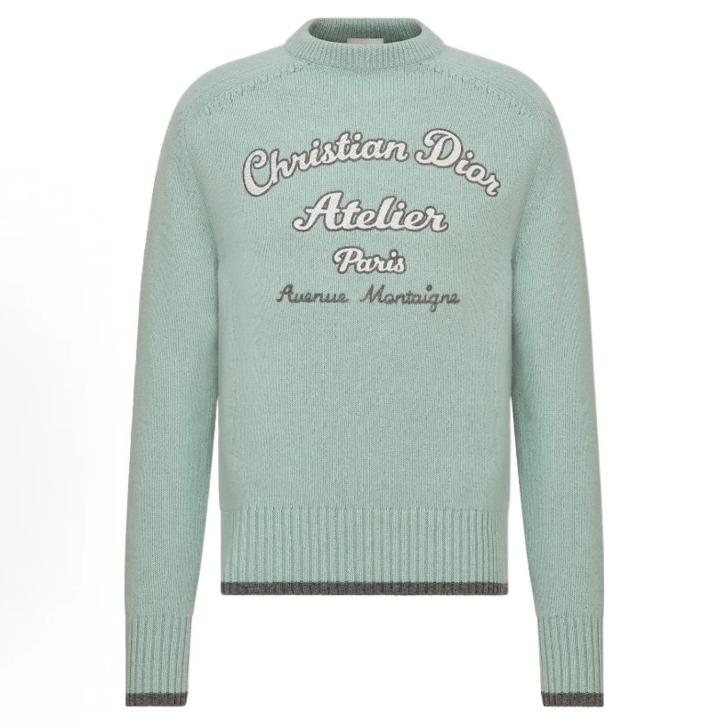 未使用 DIOR/迪奥 刺绣标语logo薄荷绿毛衣/S码/M8616