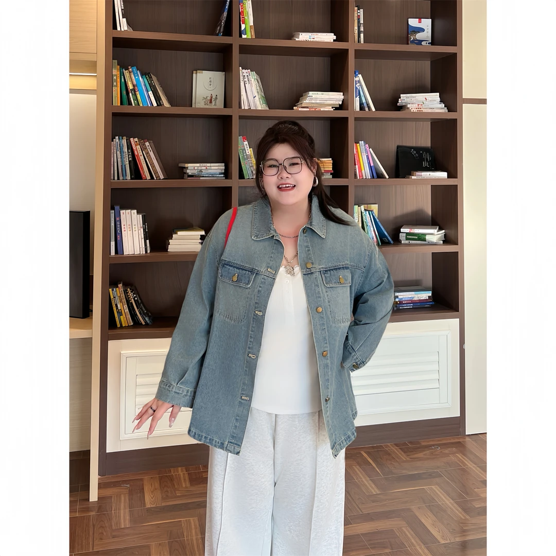 大码女装秋季百搭花契200斤胖mm时尚复古休闲风牛仔外套15456-X