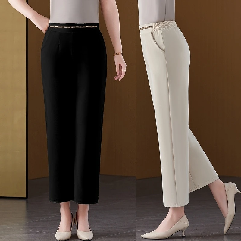 妈妈夏季裤子冰丝薄款直筒九分裤女高腰中老年夏装女士中年女裤