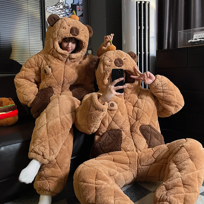 情侣卡皮巴拉睡衣秋冬季加绒加厚三层夹棉珊瑚绒冬天男女款家居服