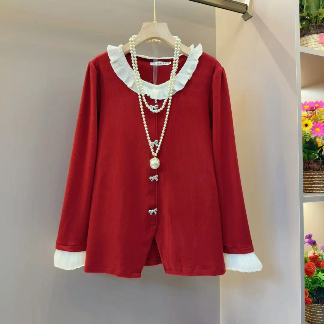 时髦拼色甜美气质清冷简约设计感蝴蝶结小衫衣长64左右