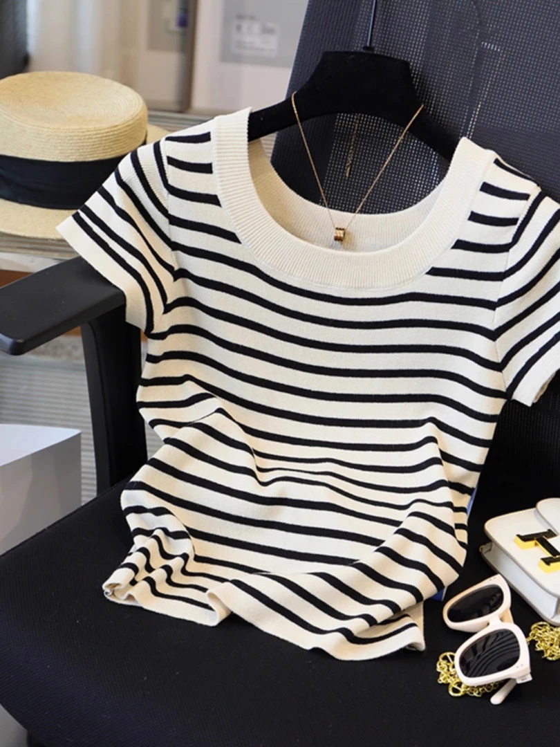 Z韩版法式U领条纹冰丝短袖针织T恤时尚修身显瘦短款大码上衣
