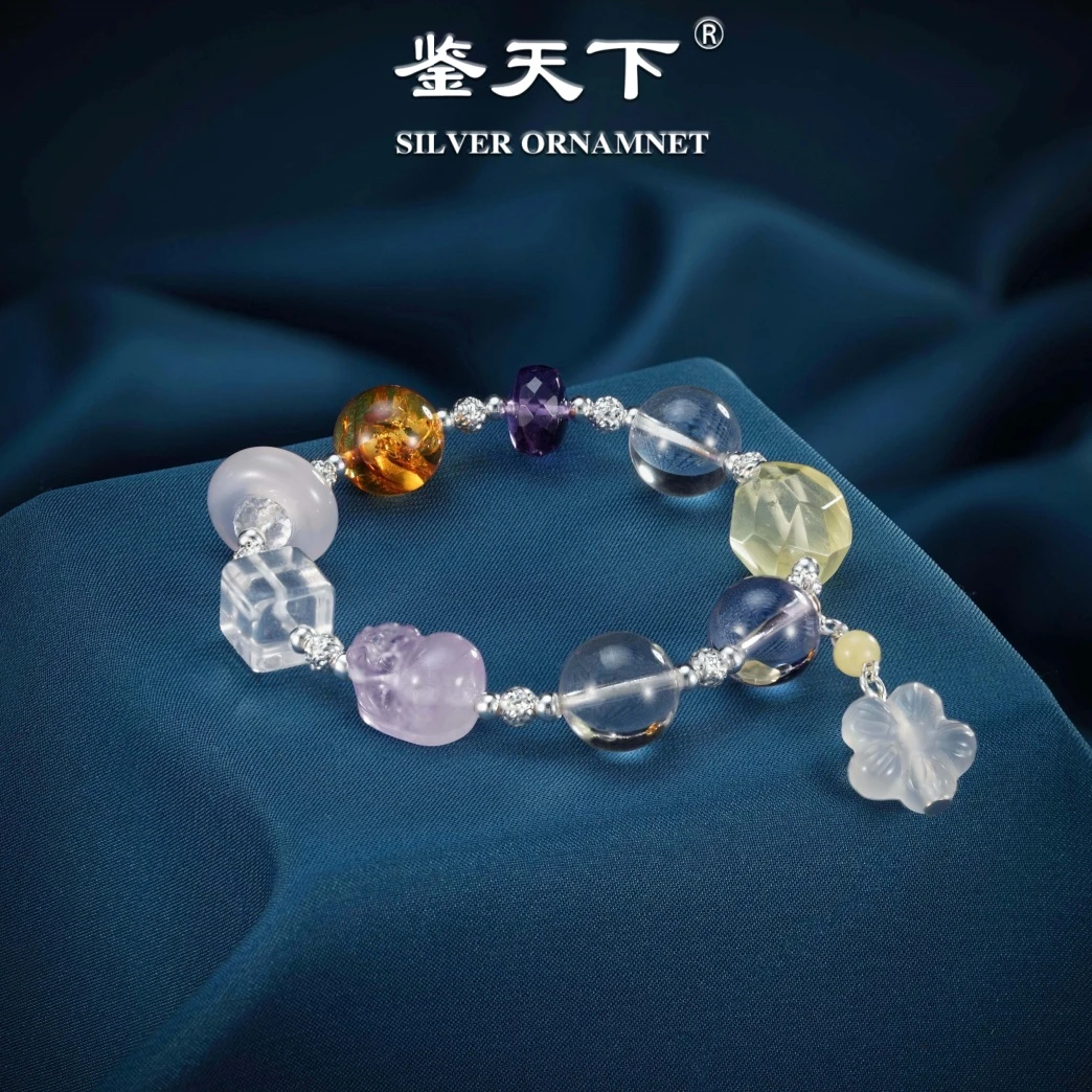 亮银水晶串珠玛瑙五瓣花流苏手链06200836