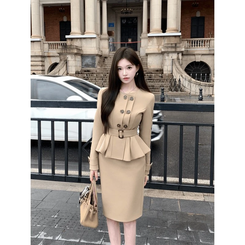 SYJ/舒衣家 法式轻奢双排扣风衣外套女秋气质高腰显瘦包臀裙套装