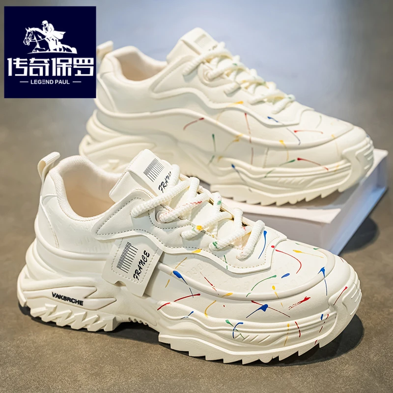 传奇保罗正版男鞋冬季跑步运动鞋男青少年皮面小白老爹鞋厚底秋季