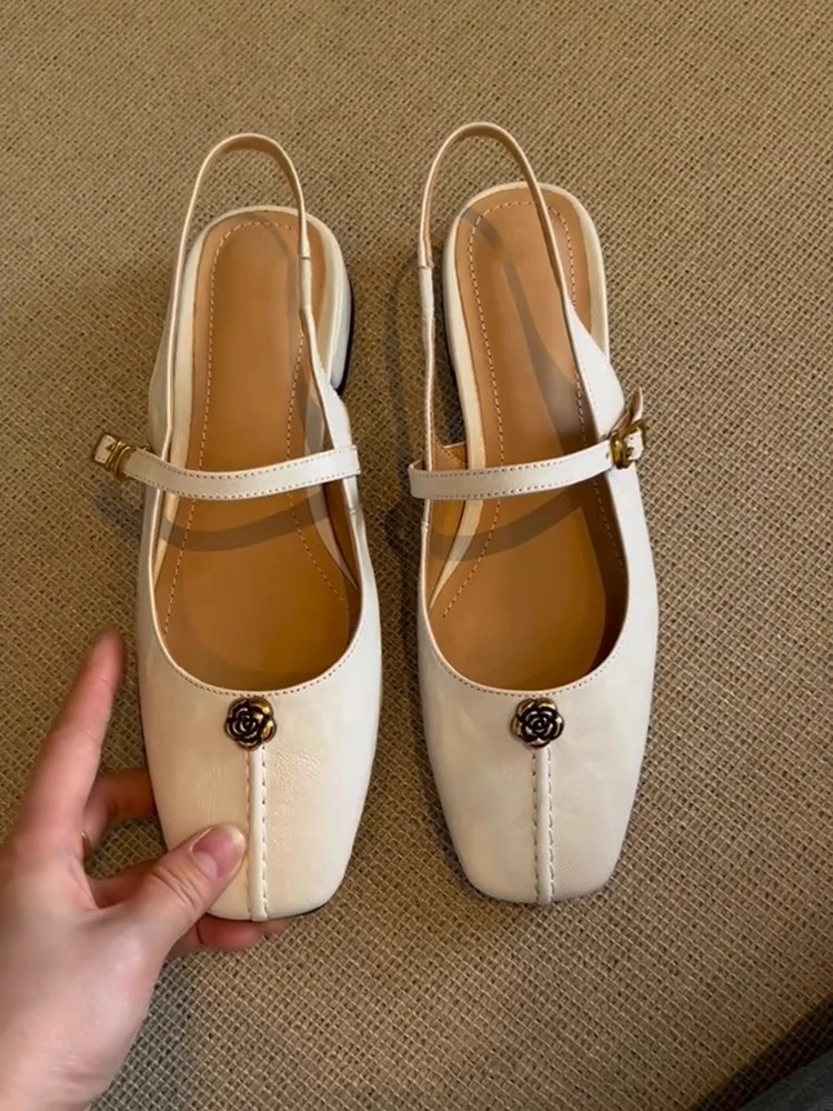 软牛皮~复古小众包头凉鞋女2025新款仙女山茶花配裙子玛丽珍单鞋