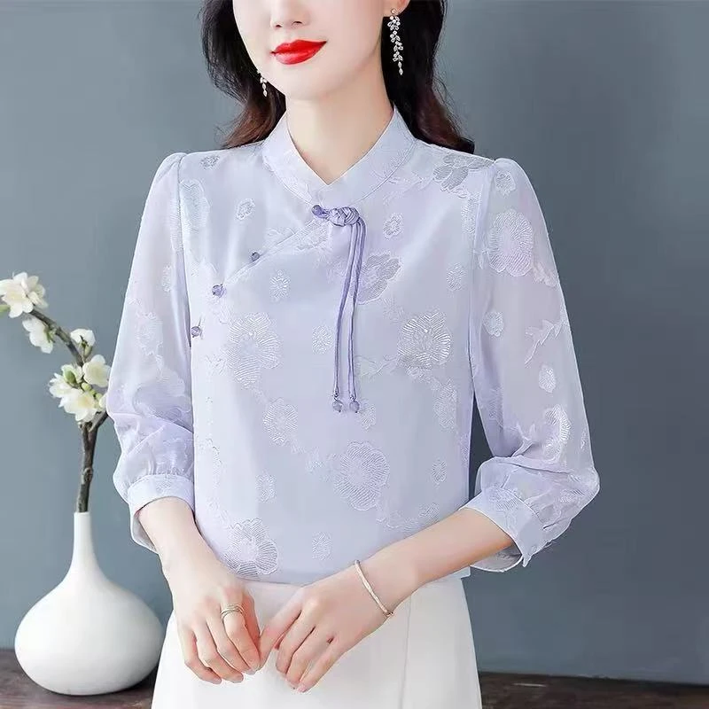 新中式改良国风上衣女装国风紫色盘扣衬衫2025夏季新款汉服雪纺衫