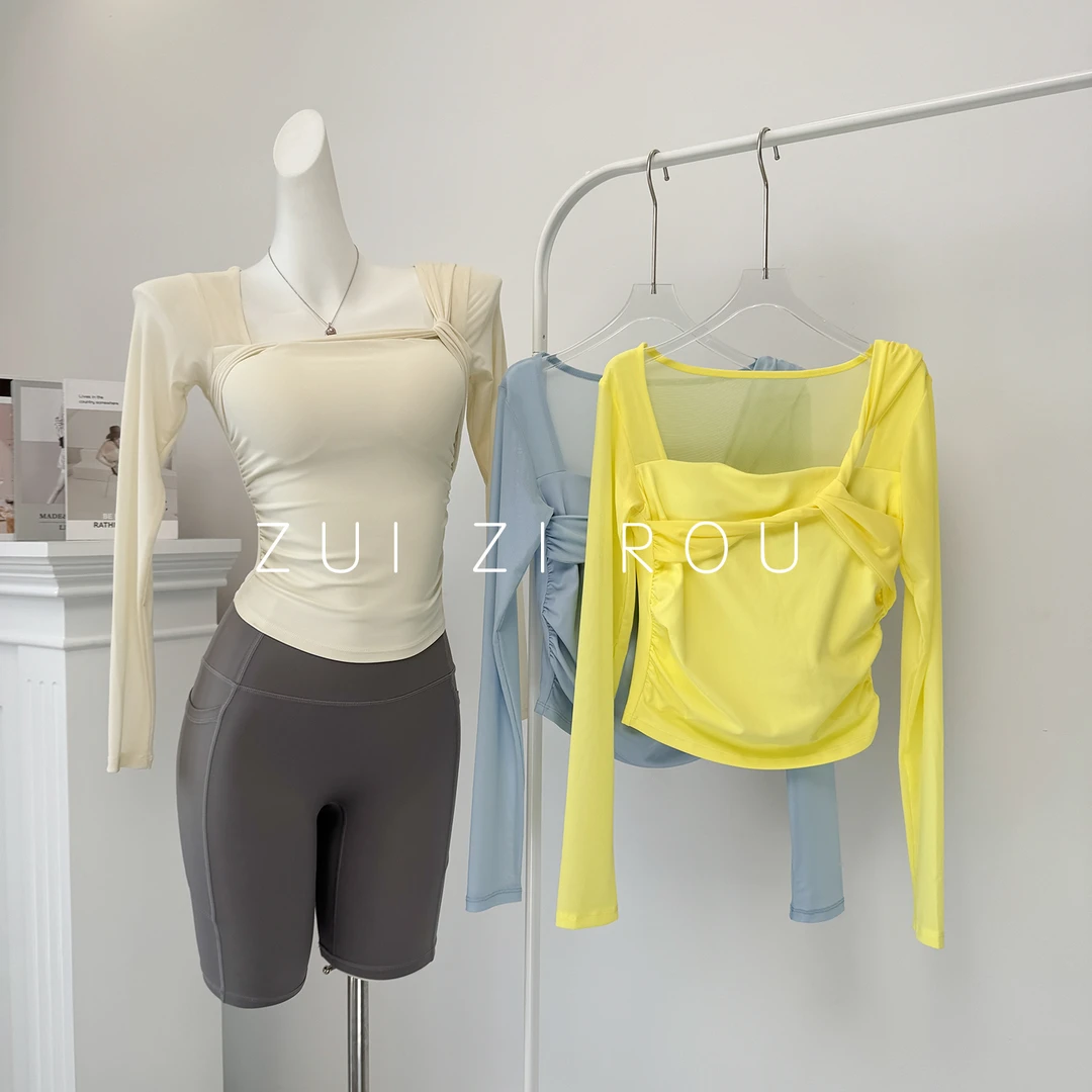 瑜伽上衣女带胸垫秋冬网纱绝美普拉提训练服长袖健美操运动健身服