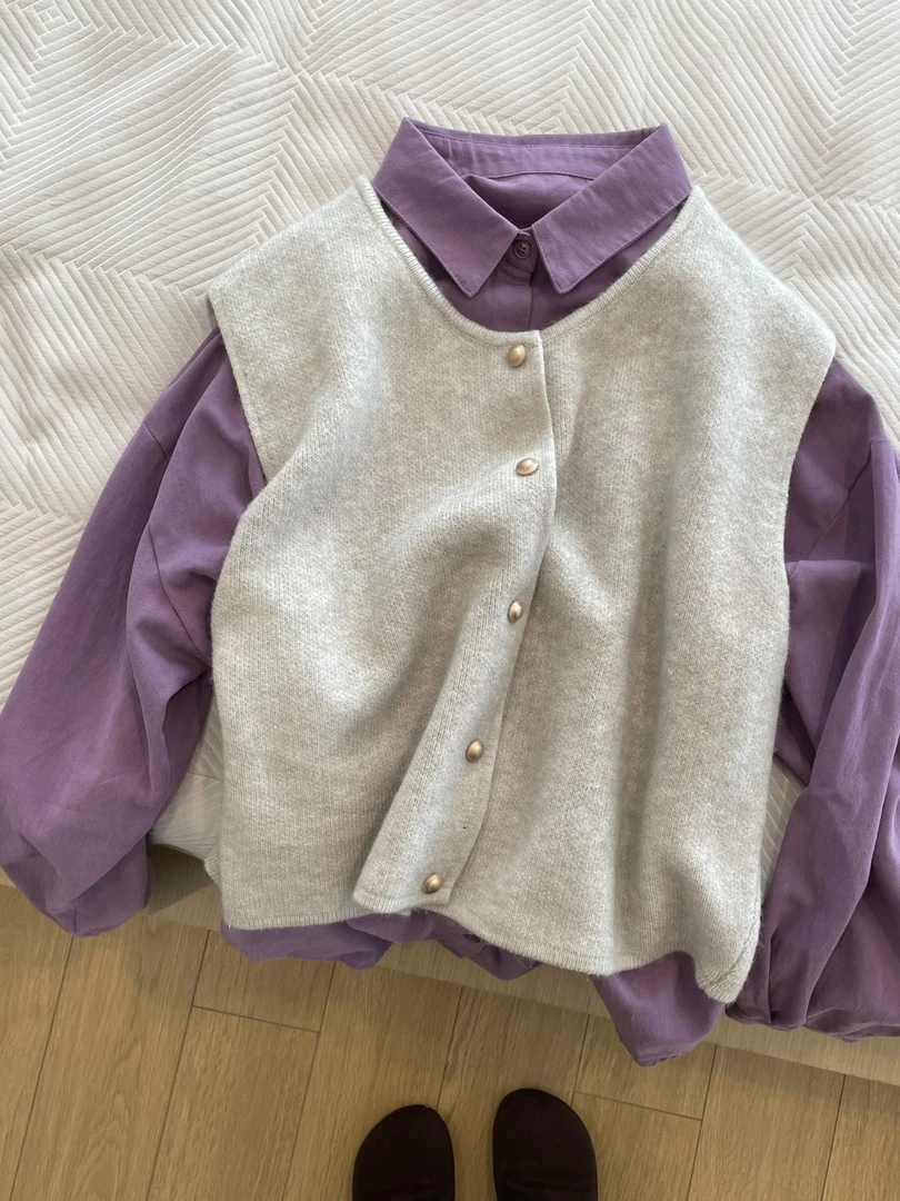 今年流行复古叠穿上衣两件套女秋季紫色长袖翻领衬衫搭配针织马甲