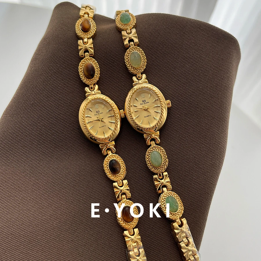 一柚七 绿幽灵虎眼石金色椭圆链条女士小众轻奢复古女款手表女631