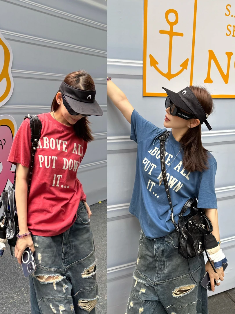 设计感复古小众时尚前后字母宽松短袖夏季百搭休闲纯棉美式印花