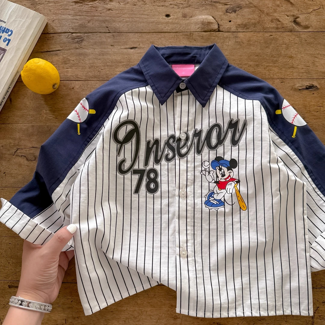 儿童卡通中大童衬衫长袖2025秋季新款男女童字母上衣潮宝宝条纹潮