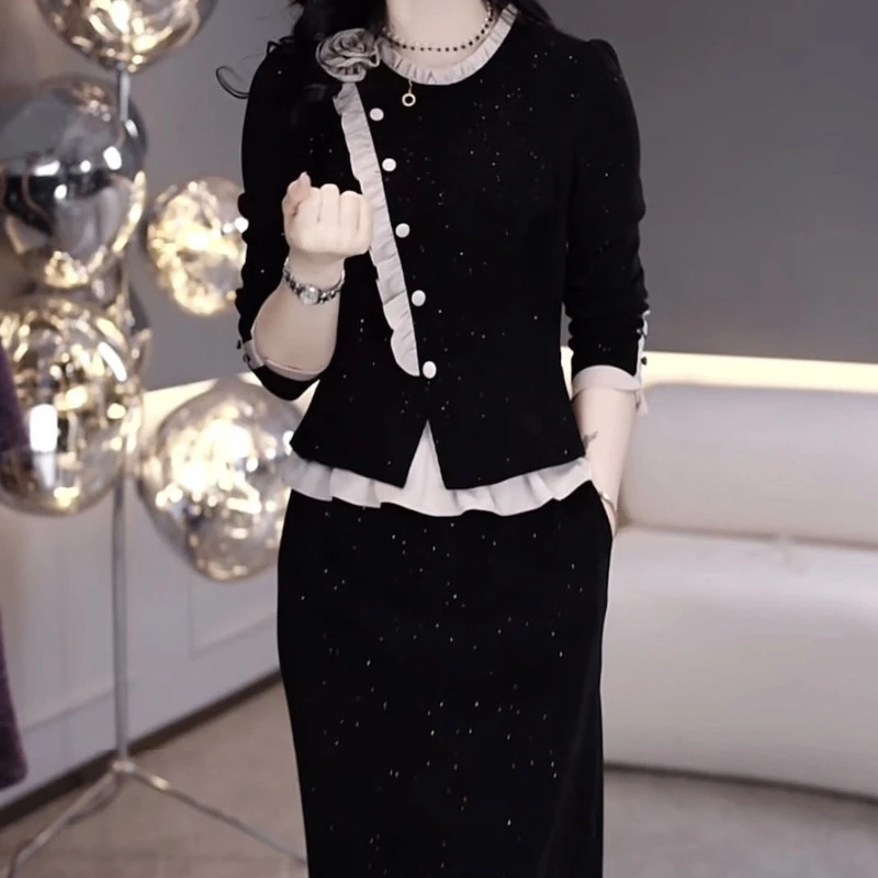 高档雪尼尔绒假两件连衣裙女2024冬季新款洋气修身显瘦中长款裙子