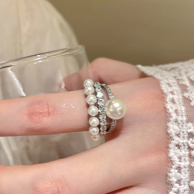 铜合金戒指 49 双层珠珠戒指女小众设计叠戴食指戒轻奢高级感指环
