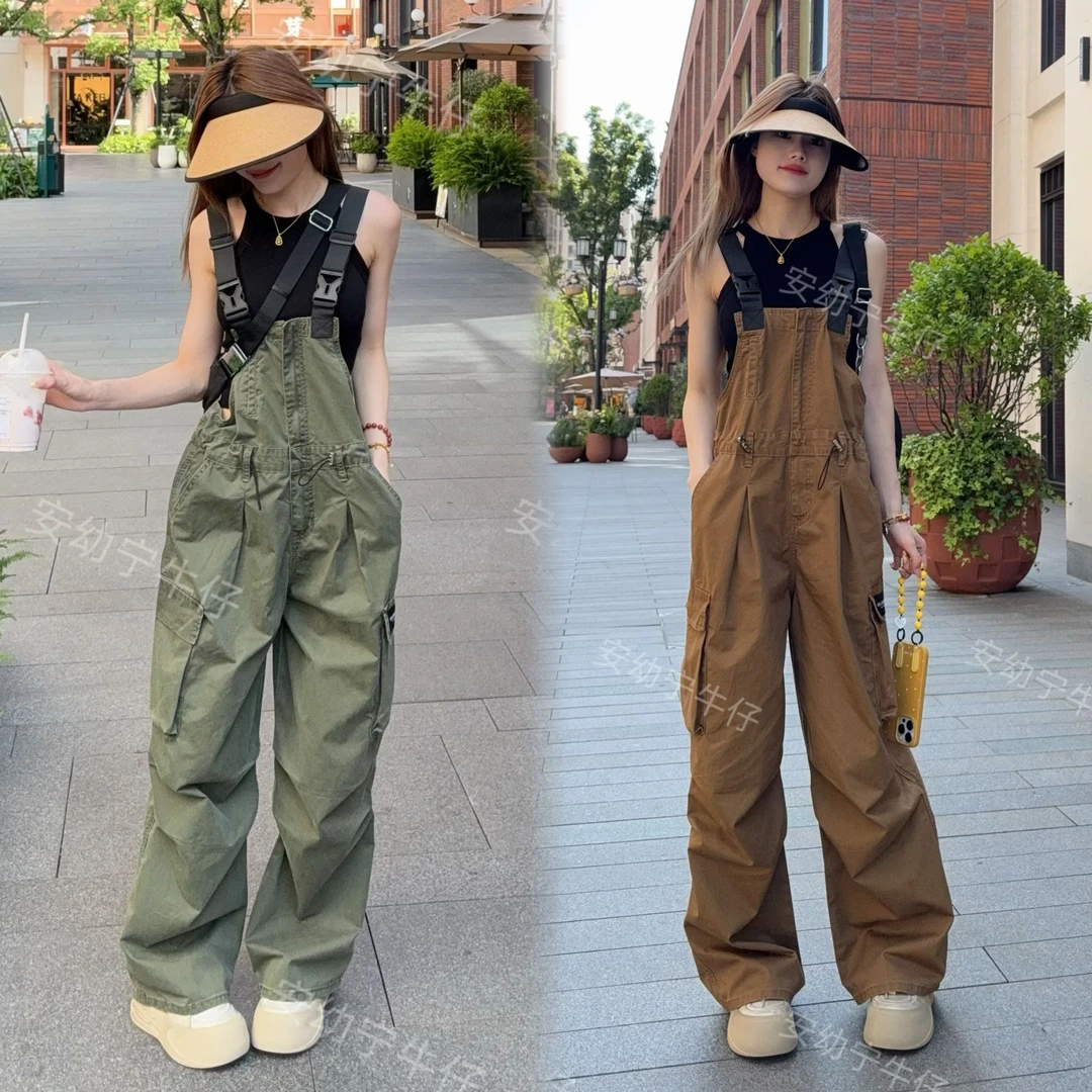美式复古工装风牛仔背带裤女2025新款韩版肩带调节宽松阔腿连体裤