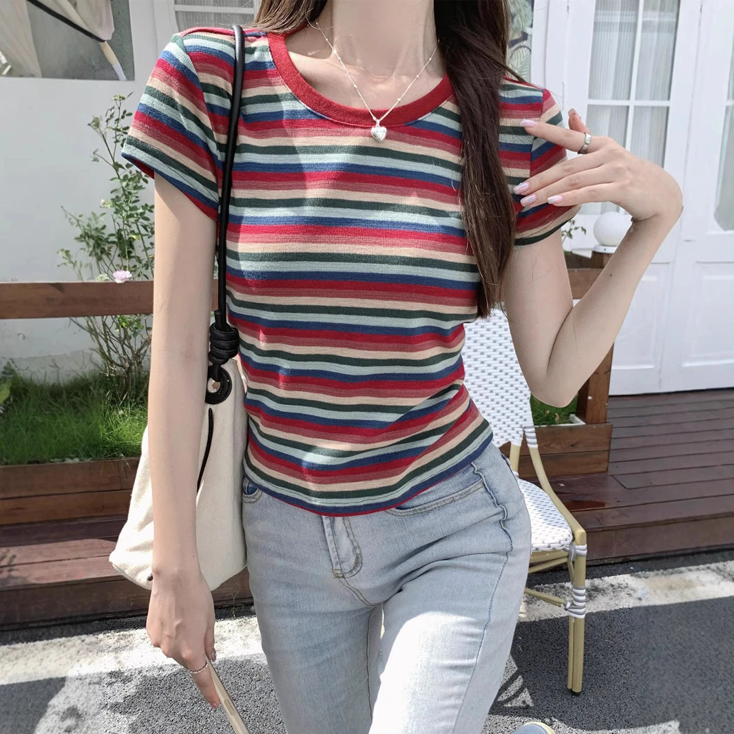 彩虹条纹显瘦正肩短袖T恤女夏季新款撞色圆领小个子百搭bm风上衣