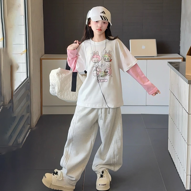 女童假两件T恤卫裤套装2025新款春秋中大童女孩洋气长袖打底衫潮