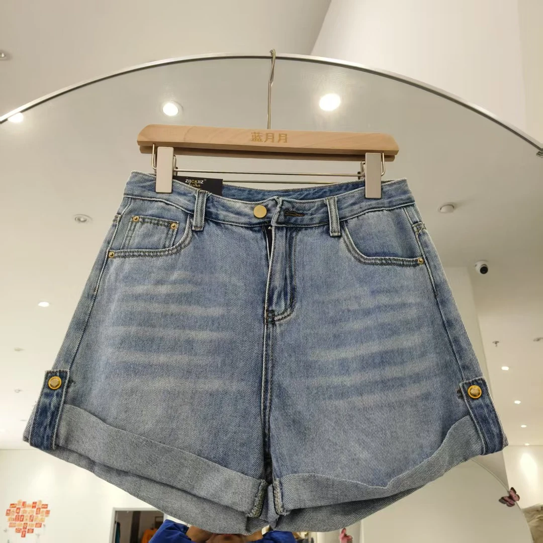 浅蓝色卷边牛仔短裤女夏季高腰遮胯显瘦a字阔腿短裤腰围36裤长36