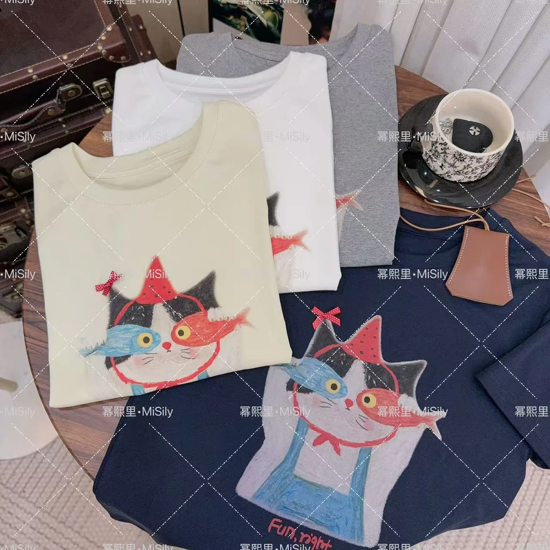 【小鱼猫咪】时尚新款韩系卡通蝴蝶结小猫数码直喷短袖T恤上衣女