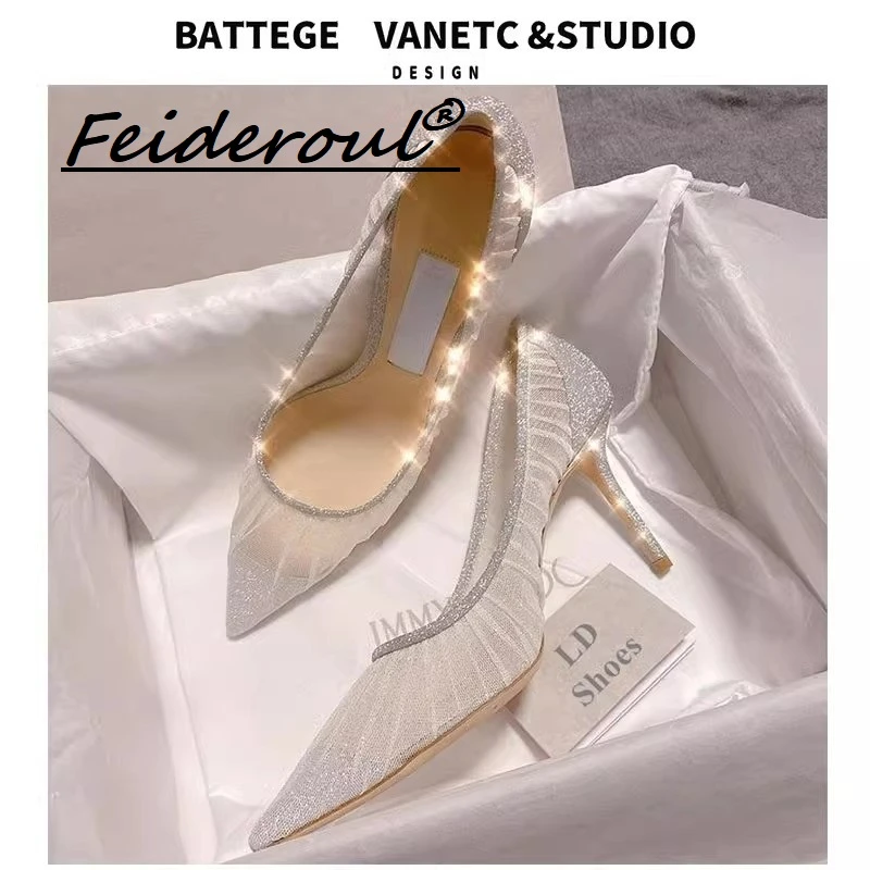 Feideroul网纱水钻2025新款仙女风尖头单鞋细跟水晶鞋婚鞋伴娘鞋