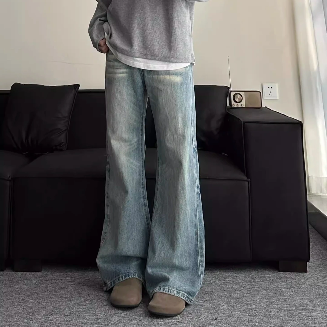 美式复古高街cleanfit水洗蓝微喇牛仔裤男女潮流直筒宽松阔腿长裤