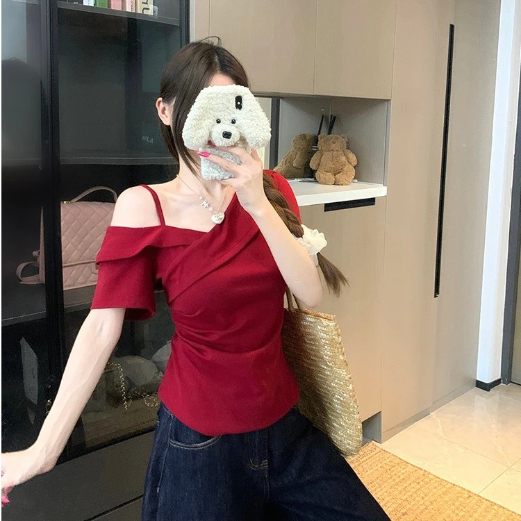 纯欲风辣妹穿搭露肩性感吊带上衣女夏季大码时尚斜领别致短袖T恤