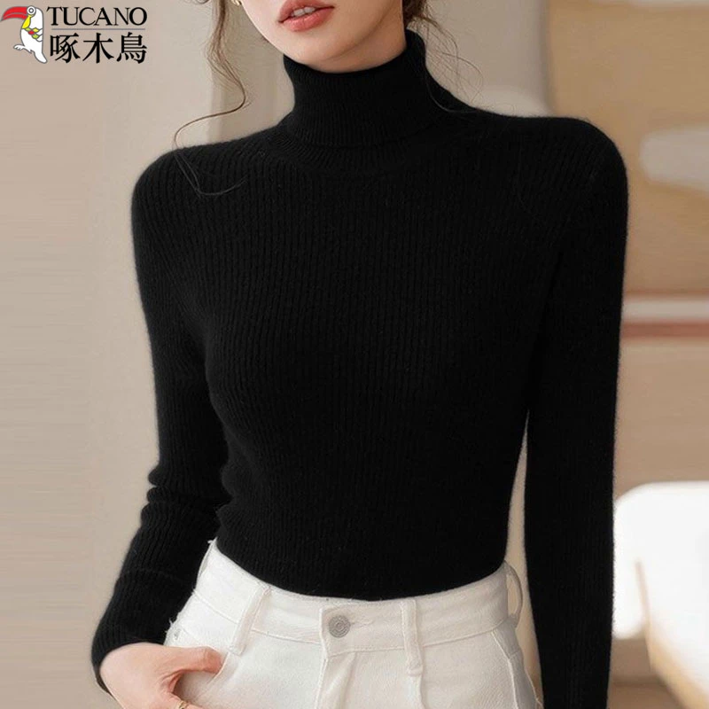啄木鸟气质高领加绒打底衫女秋冬新款修身显瘦加厚一体绒保暖毛衣